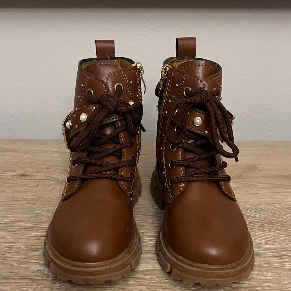 Brown Leather Ankle Boots with Pearl Accents